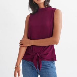 Ann Taylor Mixed Media Tie Waist Mock Neck Blouse